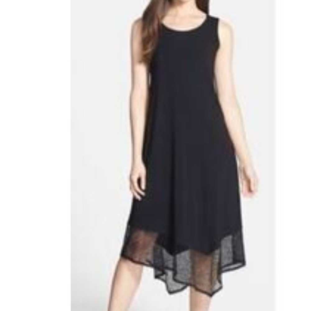 Eileen Fisher‎ Black Asymmetrical Hem Sleeveless Midi Dress PL petite large